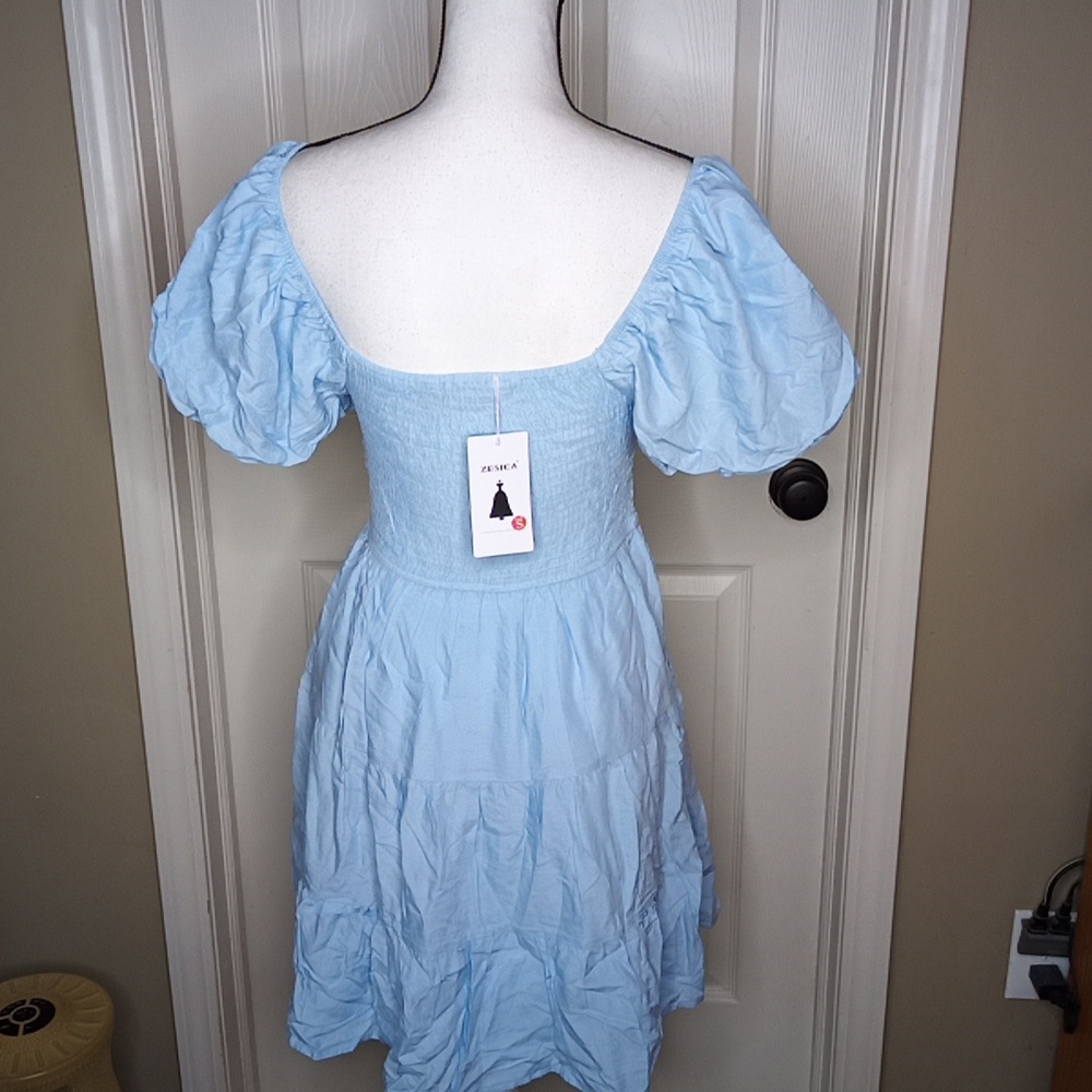 NEW Zesica Baby Blue Dress Short Puff Sleeves Sz. S Ruched Chest - Picture 3 of 6